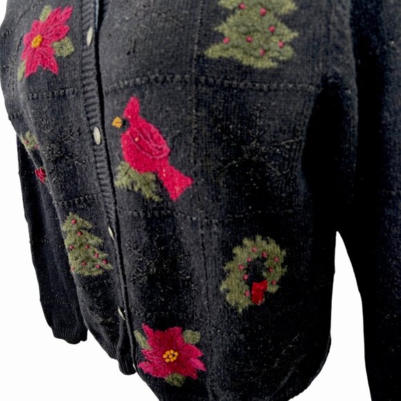 CROFT & BARROW PETITE DK GRAY CHRISTMAS HOLIDAY CARDINAL WREATH + CARDIGAN SWTR - Picture 2 of 5